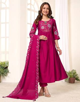 Rani Pink Color Embroidery Thread With Hand Work Viscose Roman Silk Kurta Pent Set 1