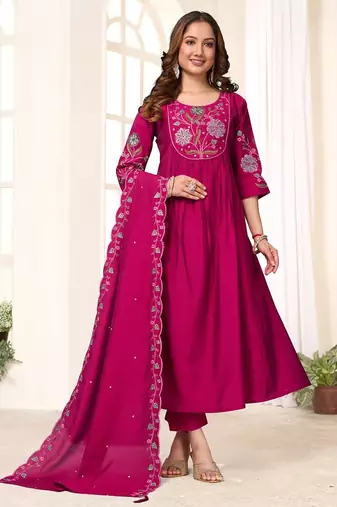 Rani Pink Color Embroidery Thread With Hand Work Viscose Roman Silk Kurta pant Set