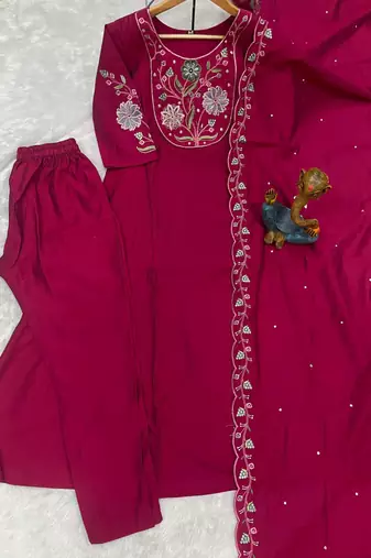Rani Pink Color Embroidery Thread With Hand Work Viscose Roman Silk Kurta Pent Set