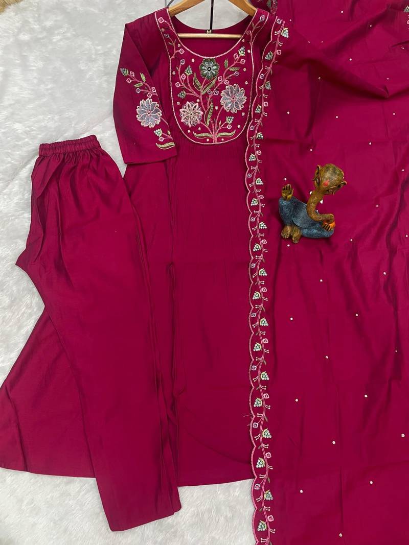 Rani Pink Color Embroidery Thread With Hand Work Viscose Roman Silk Kurta pant Set