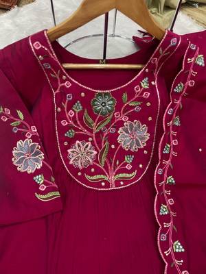 Rani Pink Color Embroidery Thread With Hand Work Viscose Roman Silk Kurta Pent Set 4