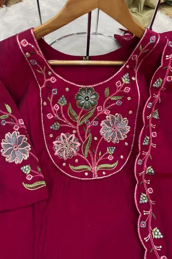 Rani Pink Color Embroidery Thread With Hand Work Viscose Roman Silk Kurta Pent Set