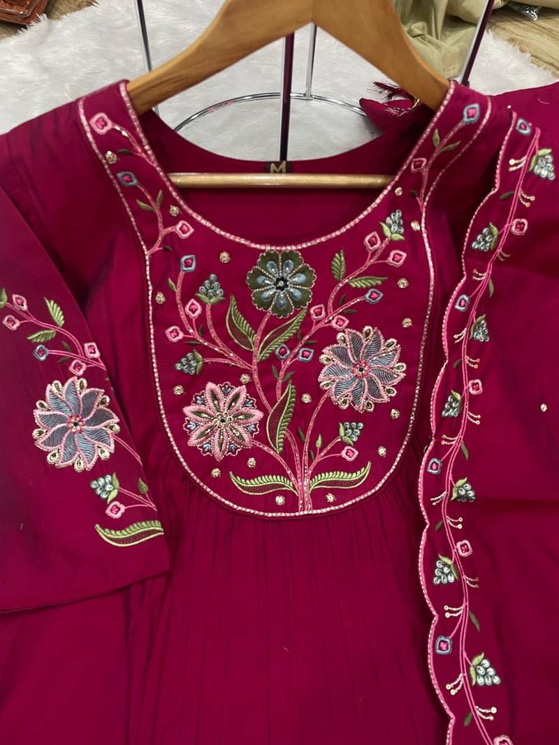 Rani Pink Color Embroidery Thread With Hand Work Viscose Roman Silk Kurta pant Set