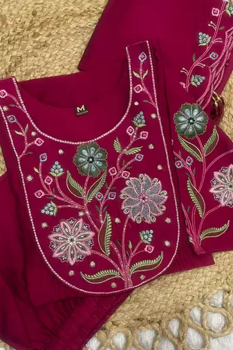 Rani Pink Color Embroidery Thread With Hand Work Viscose Roman Silk Kurta Pent Set