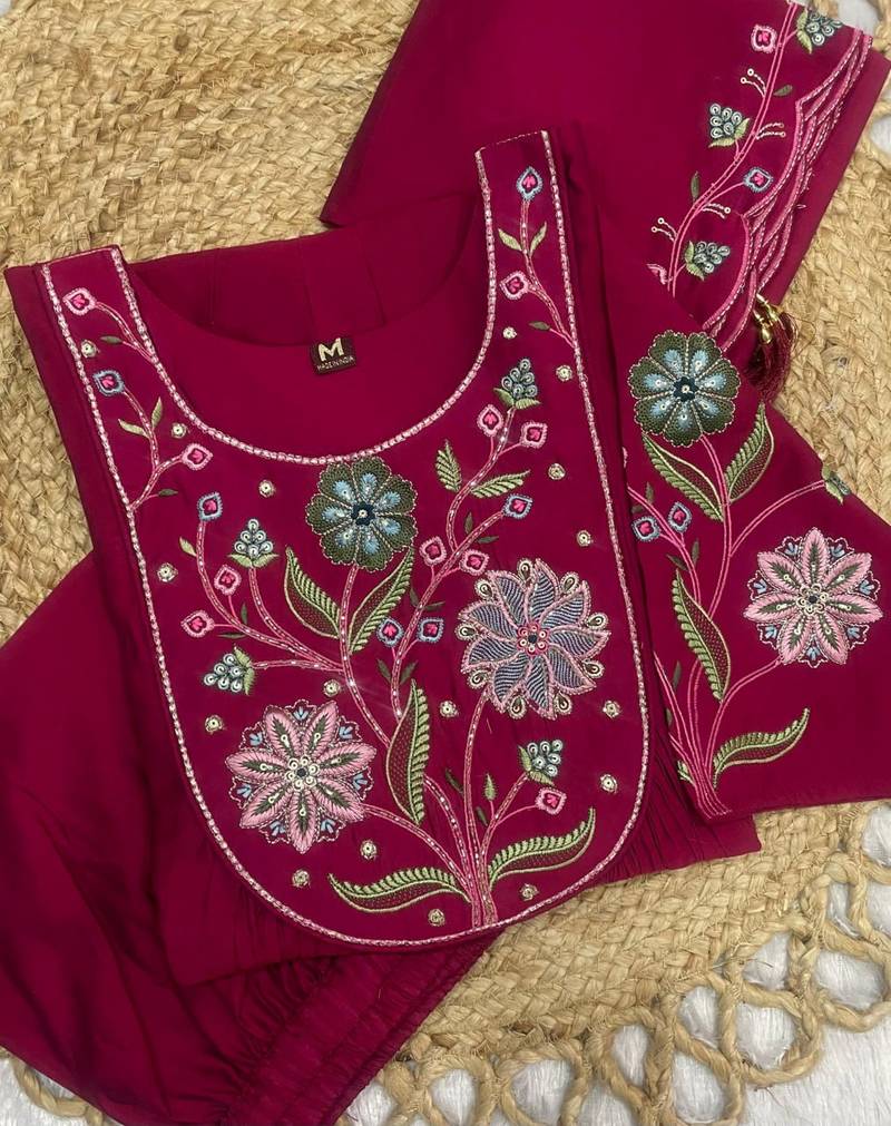 Rani Pink Color Embroidery Thread With Hand Work Viscose Roman Silk Kurta pant Set