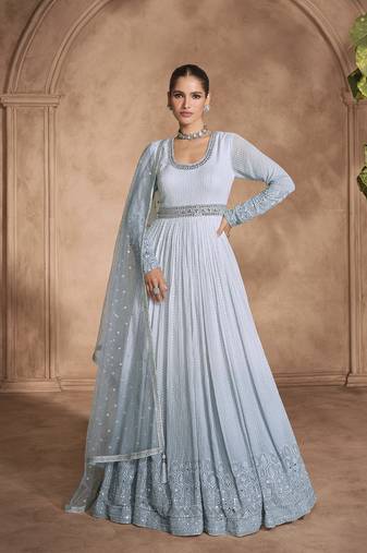 Blue Georgette Embroidery Work Salwar Suit Set Anarkali Kurta Pant with Dupatta