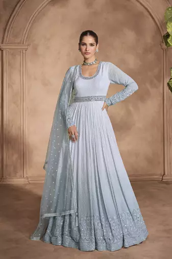 Blue Georgette Embroidery Work Salwar Suit Set Anarkali Kurta Pant with Dupatta