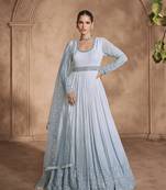 Blue Georgette Embroidery Work Salwar Suit Set Anarkali Kurta Pant with Dupatta
