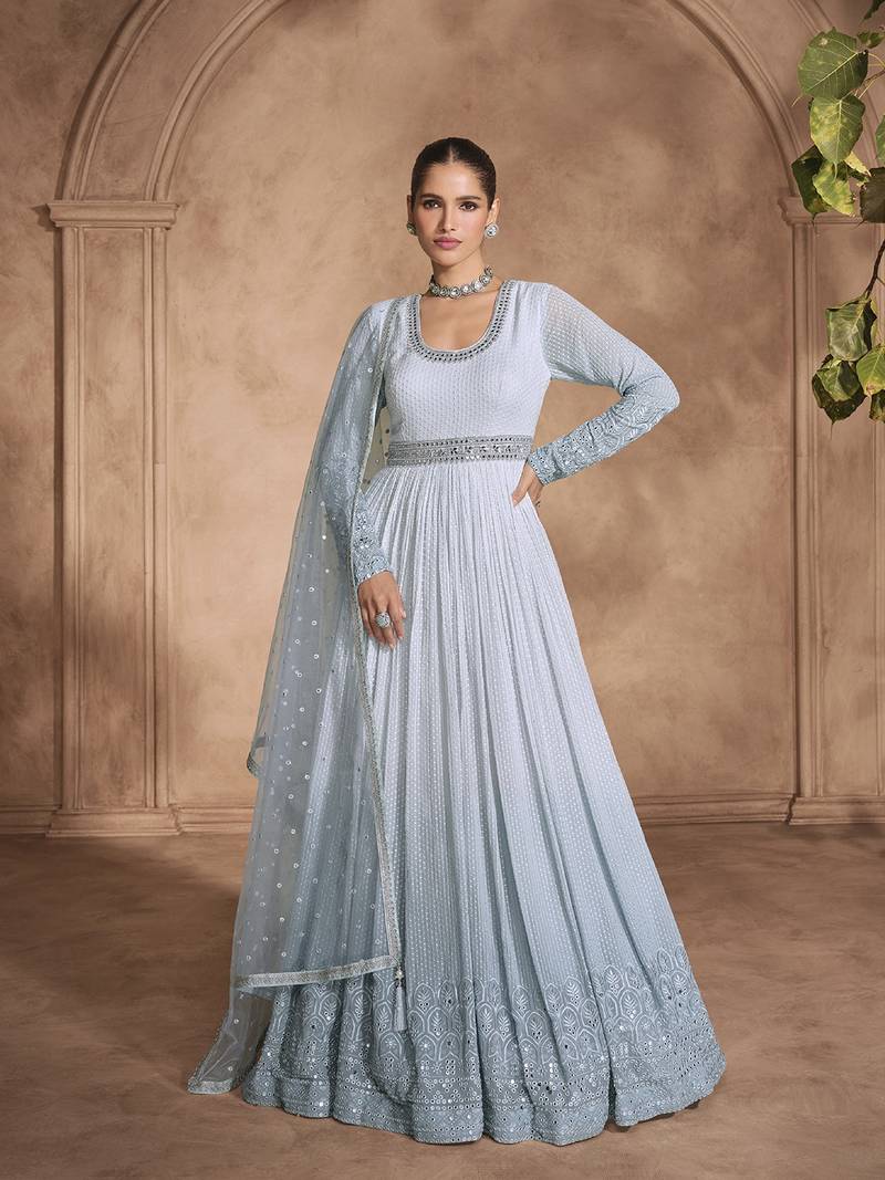 Blue Georgette Embroidery Work Salwar Suit Set Anarkali Kurta Pant with Dupatta
