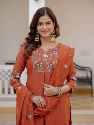 Orange Color Embroidery Sequins with Hand Work Viscose Silk Kurta Pent Set 2