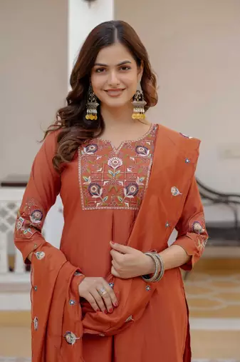 Orange Color Embroidery Sequins with Hand Work Viscose Silk Kurta Pent Set