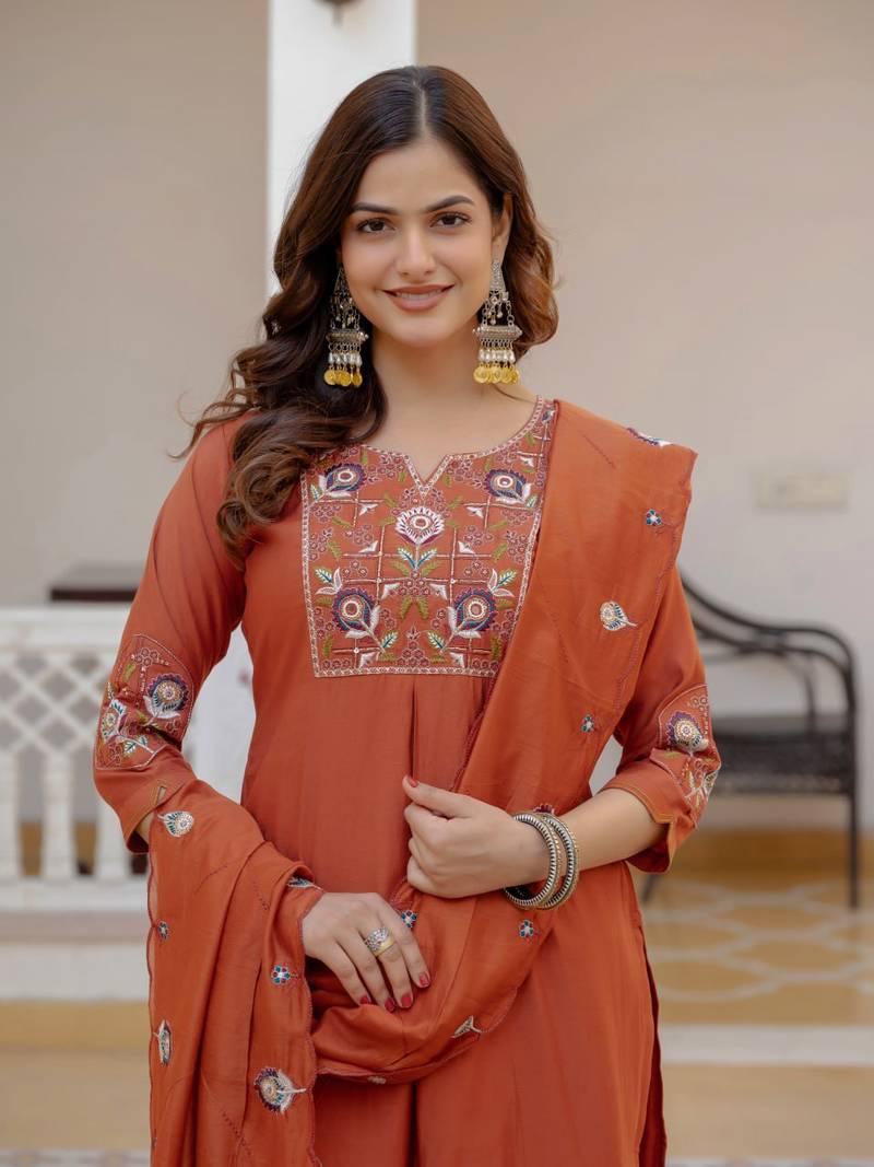 Orange Color Embroidery Sequins with Hand Work Viscose Silk Kurta pant Set