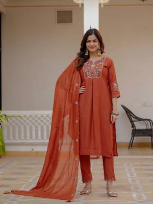Orange Color Embroidery Sequins with Hand Work Viscose Silk Kurta Pent Set 1
