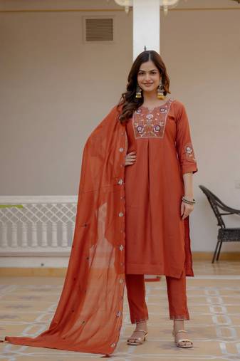 Orange Color Embroidery Sequins with Hand Work Viscose Silk Kurta pant Set