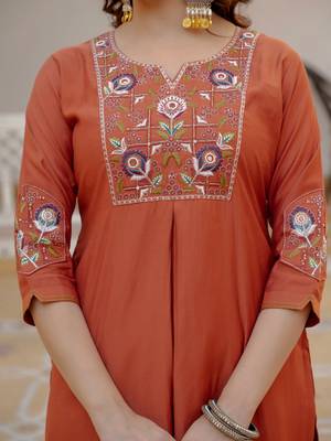 Orange Color Embroidery Sequins with Hand Work Viscose Silk Kurta Pent Set 3