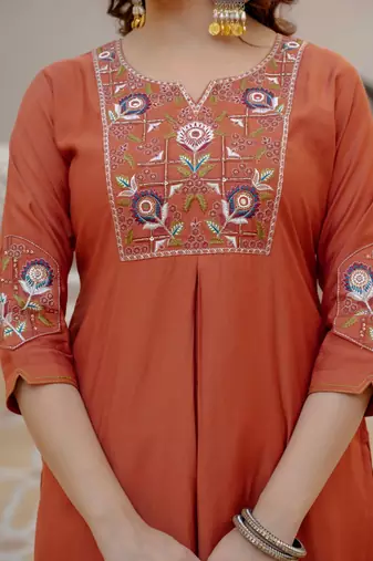 Orange Color Embroidery Sequins with Hand Work Viscose Silk Kurta Pent Set