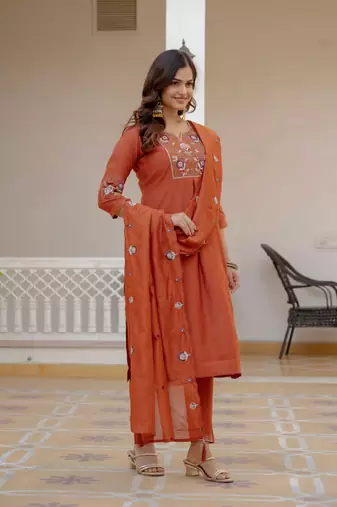 Orange Color Embroidery Sequins with Hand Work Viscose Silk Kurta Pent Set
