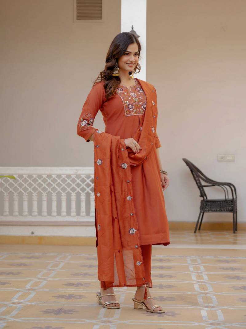 Orange Color Embroidery Sequins with Hand Work Viscose Silk Kurta pant Set