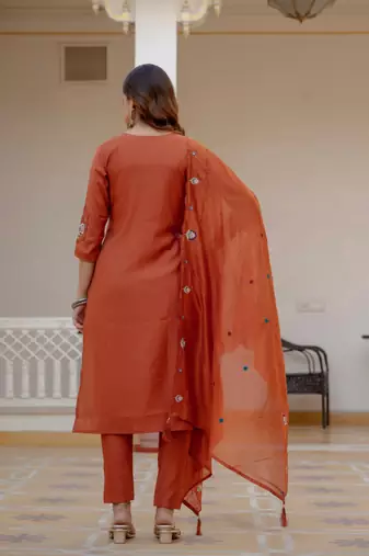 Orange Color Embroidery Sequins with Hand Work Viscose Silk Kurta Pent Set