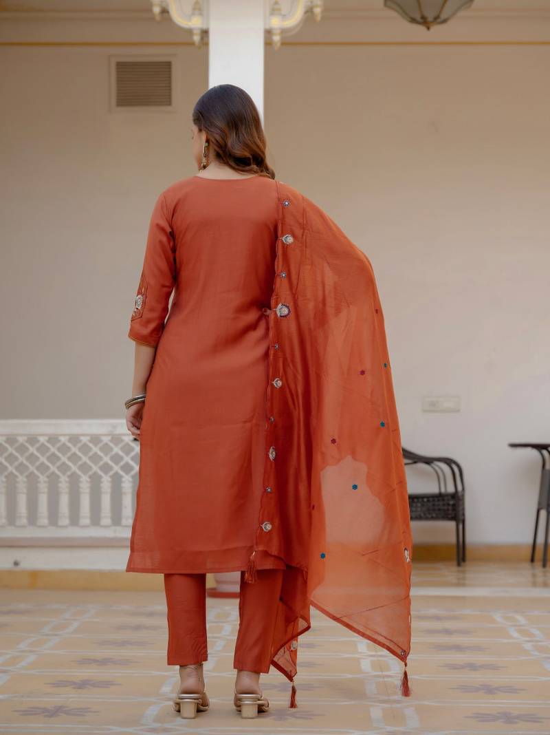 Orange Color Embroidery Sequins with Hand Work Viscose Silk Kurta pant Set