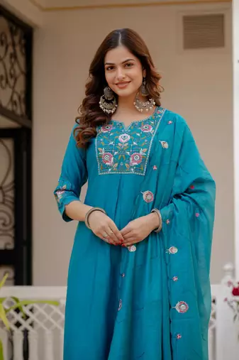 Blue Color Embroidery Sequins with Hand Work Viscose Silk Kurta Pent Set