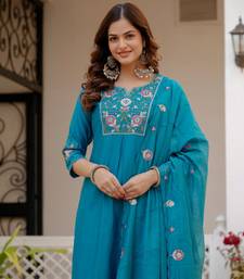 Blue Color Embroidery Sequins with Hand Work Viscose Silk Kurta pant Set
