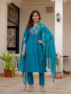 Blue Color Embroidery Sequins with Hand Work Viscose Silk Kurta Pent Set 1