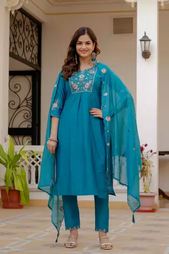 Blue Color Embroidery Sequins with Hand Work Viscose Silk Kurta pant Set