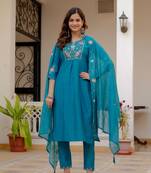 Blue Color Embroidery Sequins with Hand Work Viscose Silk Kurta pant Set