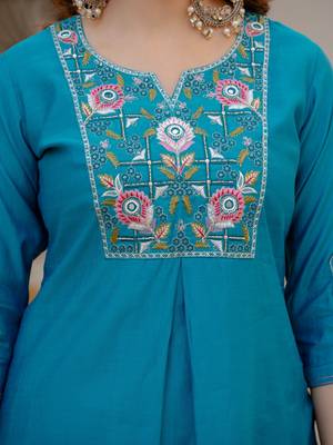 Blue Color Embroidery Sequins with Hand Work Viscose Silk Kurta Pent Set 4