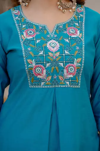 Blue Color Embroidery Sequins with Hand Work Viscose Silk Kurta Pent Set