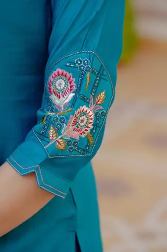 Blue Color Embroidery Sequins with Hand Work Viscose Silk Kurta Pent Set