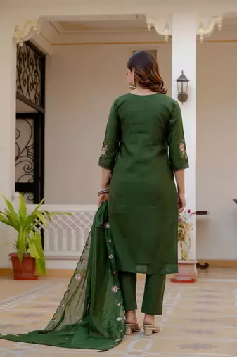 Green Color Embroidery Sequins with Hand Work Viscose Silk Kurta Pent Set