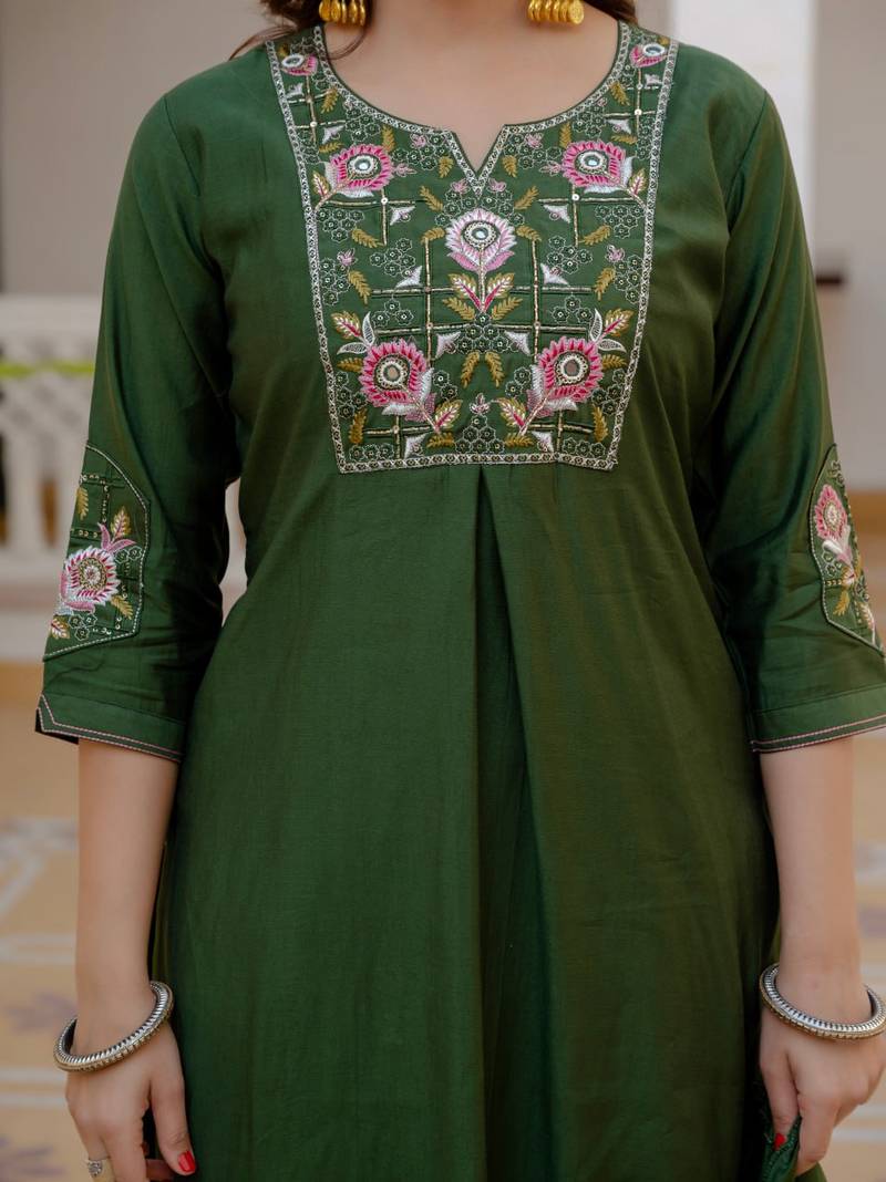 Green Color Embroidery Sequins with Hand Work Viscose Silk Kurta pant Set