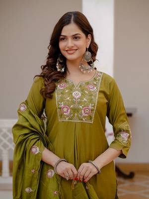 Olive Color Embroidery Sequins with Hand Work Viscose Silk Kurta Pent Set 2