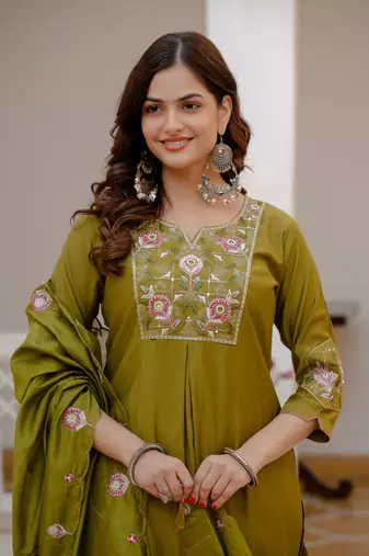 Olive Color Embroidery Sequins with Hand Work Viscose Silk Kurta Pent Set