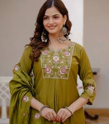 Olive Color Embroidery Sequins with Hand Work Viscose Silk Kurta pant Set