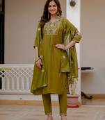 Olive Color Embroidery Sequins with Hand Work Viscose Silk Kurta pant Set