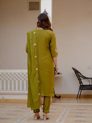 Olive Color Embroidery Sequins with Hand Work Viscose Silk Kurta Pent Set 3