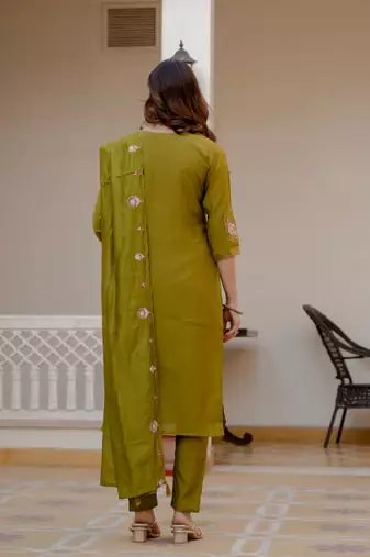 Olive Color Embroidery Sequins with Hand Work Viscose Silk Kurta Pent Set