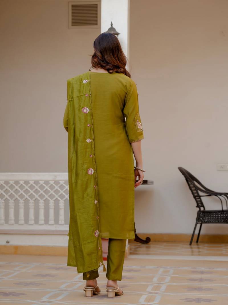 Olive Color Embroidery Sequins with Hand Work Viscose Silk Kurta pant Set