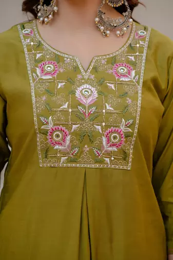 Olive Color Embroidery Sequins with Hand Work Viscose Silk Kurta Pent Set