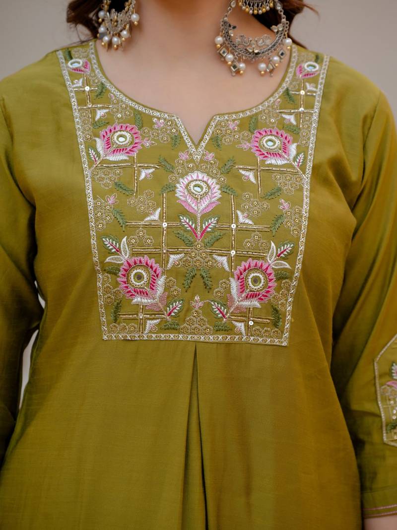 Olive Color Embroidery Sequins with Hand Work Viscose Silk Kurta pant Set