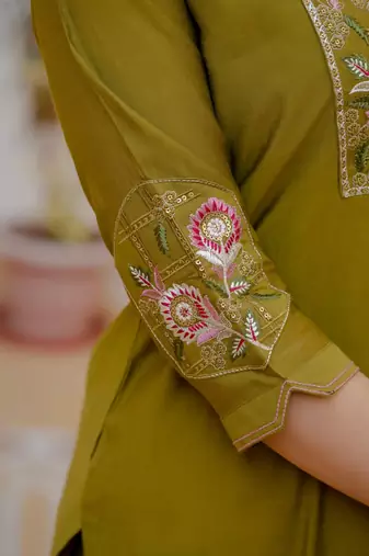Olive Color Embroidery Sequins with Hand Work Viscose Silk Kurta Pent Set