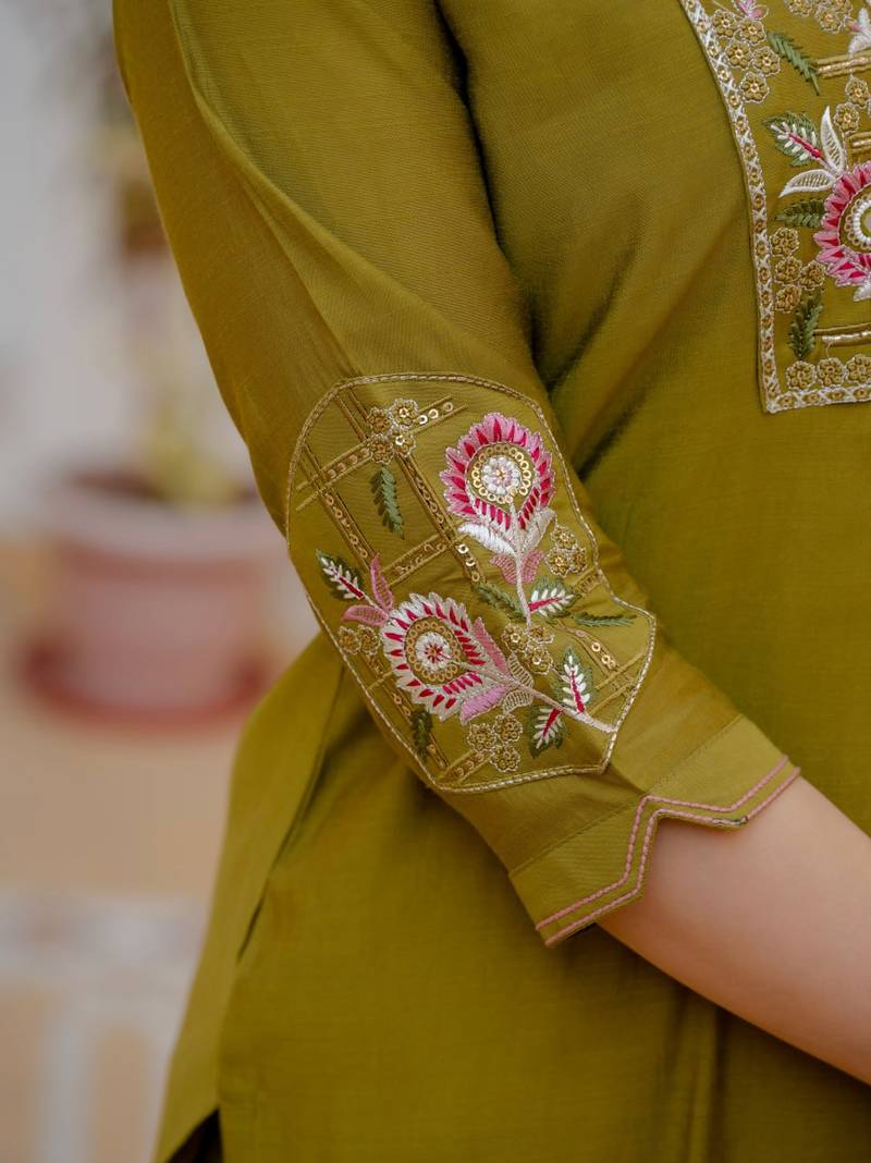 Olive Color Embroidery Sequins with Hand Work Viscose Silk Kurta pant Set