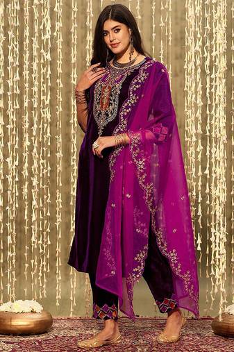 Velvet Embroidery Sequence Work Salwar Suit Set Kurta Pant with Dupatta For Women