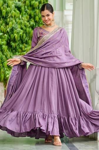 Stunning Lavender Embroidered Silk Flared Gown With Dupatta
