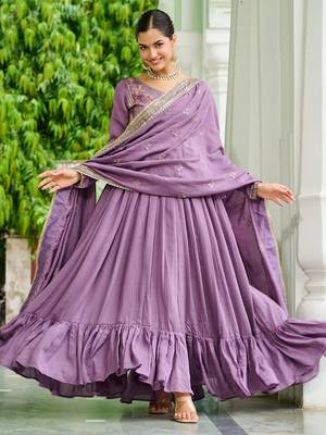 Stunning Lavender Embroidered Silk Flared Gown With Dupatta 1