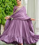Stunning Lavender Embroidered Silk Flared Gown With Dupatta