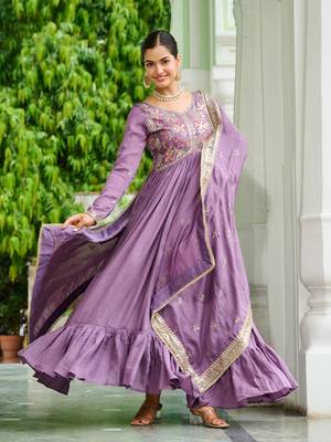 Stunning Lavender Embroidered Silk Flared Gown With Dupatta 3